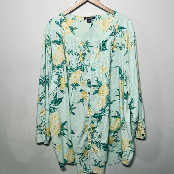 Roaman's Blouse Tunic Green Yellow Floral Cotton Button Up Tabbed Sleeve 32W - Picture 1 of 9
